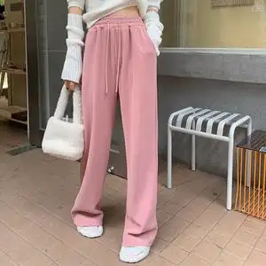 价~粉色灯芯绒绳裤子加厚直筒休闲拖地高腰条绒阔腿裤图片