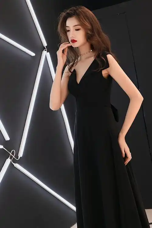 秋冬季高贵优雅黑色性感单肩长款年会礼服裙女主持人礼服露肩连衣裙