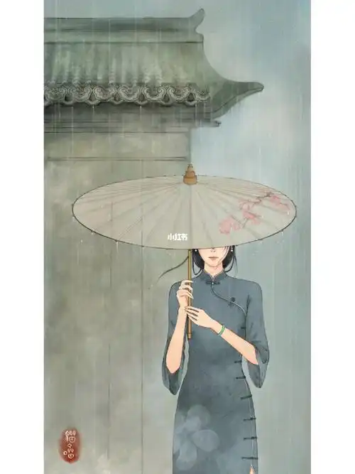 水彩撑伞的江南女子