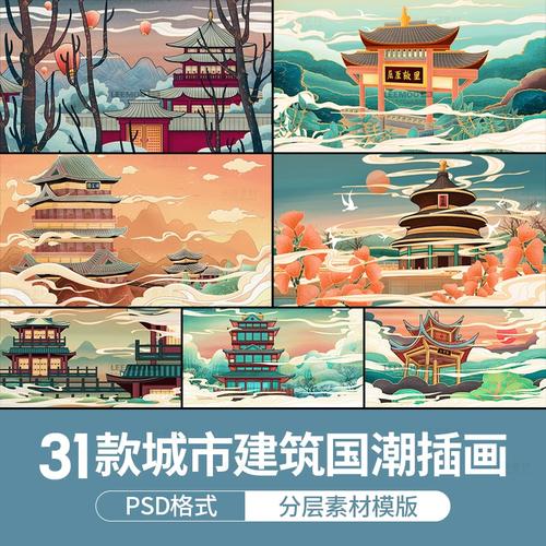 创意城市建筑中国风国潮古风海报插画扁平风印象地标psd设计素材