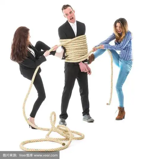 两个愤怒的女人用绳子绑着一个商人