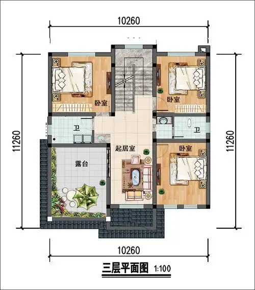 二层户型:卧室x3,起居室,阳台,卫生间(带卫生间)一层户型:玄关,客厅