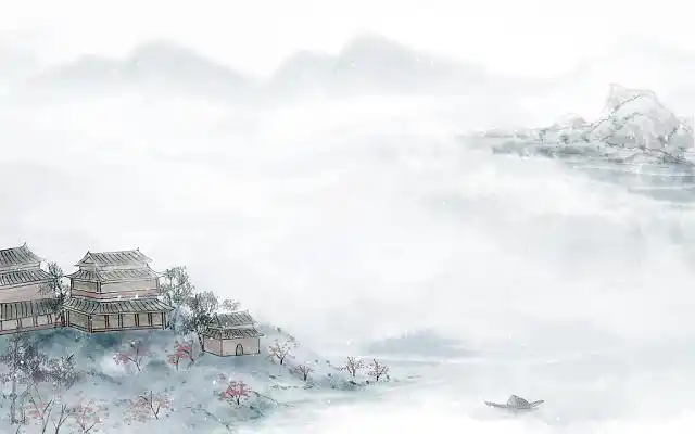 中国风中式庭院中式建筑原创插画海报背景素材水墨