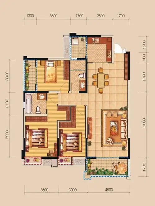 c户型 三室两厅两卫 建筑面积:约131平米