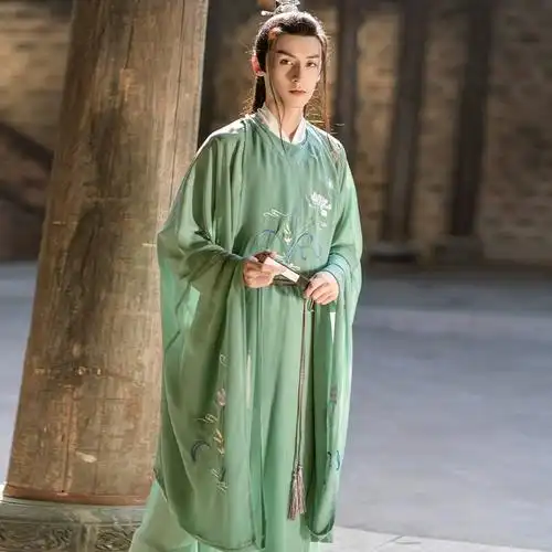 孤鲤古装汉服古风原创汉元素学生侠男圆领长袍唐装古筝演出服英气
