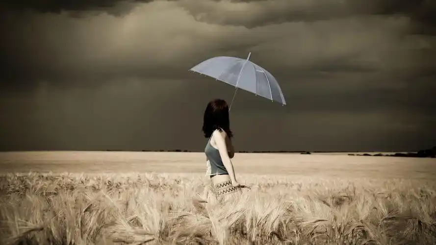 女孩,麦田,伞,优美姿势,唯美意境壁纸