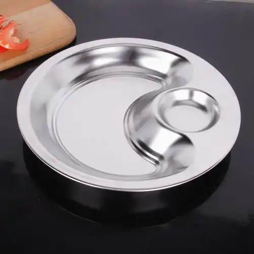 明暖不锈钢饺子盘沥水沥油双层盘家用带醋碟圆形盘礼品26cm沥水饺子盘