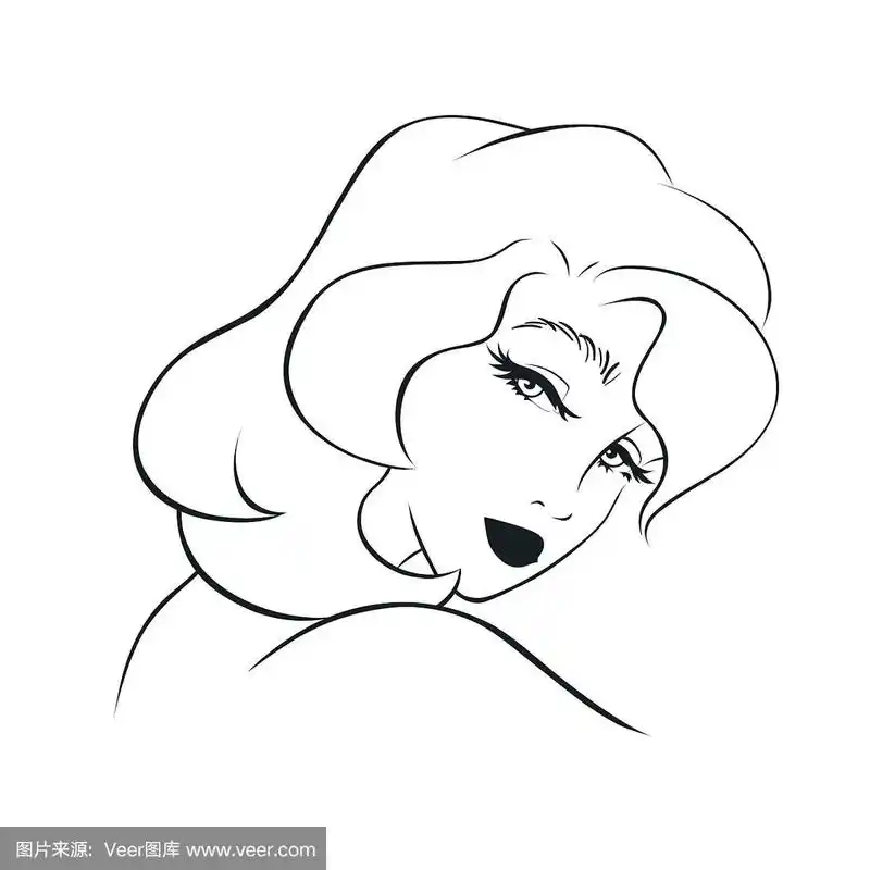 女孩,低头向她的肩膀,侧视,轮廓肖像.矢量插图孤立在白色上