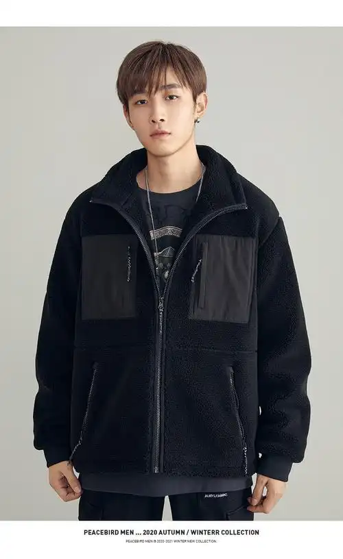 太平鸟男装新款冬摇粒绒夹克外套立领贴布仿羊羔毛茄克潮牌上衣黑色m