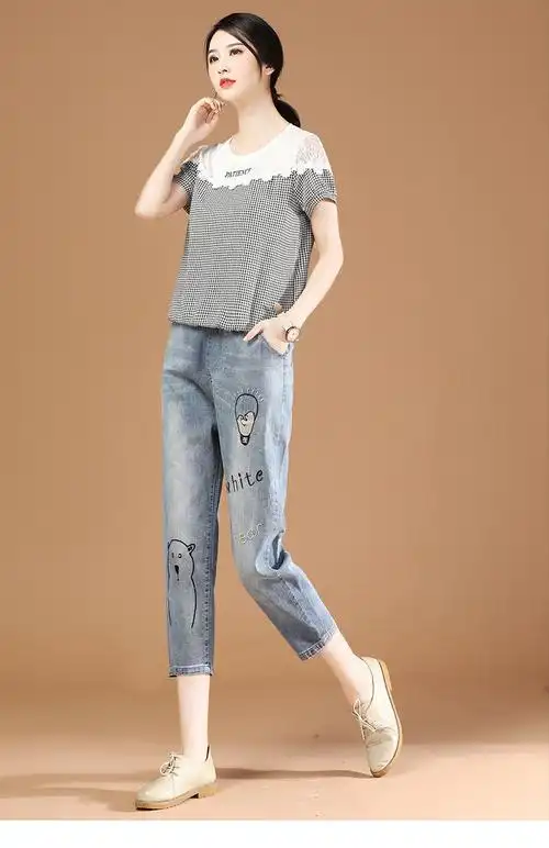 施悦名松紧腰刺绣七分牛仔裤女夏季薄款2021年新款百搭休闲哈伦裤pt92