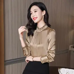 时尚女长袖设计感荷叶边桑蚕丝缎面上衣2023新款高端重磅真丝衬衫