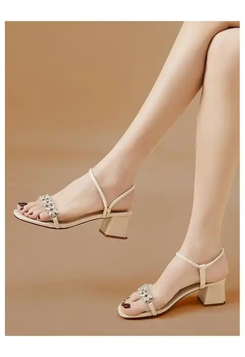 达芙妮2022年夏季新款百搭气质凉鞋仙女风高跟女单鞋公主粗跟女鞋米色