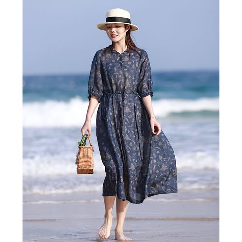 23夏季新款棉麻女装高支苎麻碎花长裙气质通勤中袖连衣裙女高级感