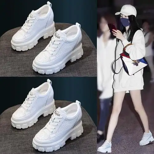 杨幂明星同款真皮小白鞋女2020春秋款爆款厚底内增高休闲粗跟单鞋