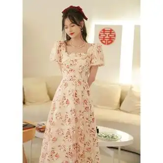 庄贝娴毕业礼服女高中生敬酒服春夏季新娘酒红色碎花平时可穿订婚女