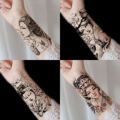 日式艺伎艺姬半臂纹身贴防水性感贴纸花臂少女持久小臂腿大图古风