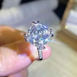 pt950铂金美国进口d色莫桑石满钻公主方钻戒指纯银10克拉钻戒指环