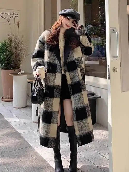 1023#2023年秋冬中长款大版黑白大格子两面穿一体毛呢外套女潮 - 17网