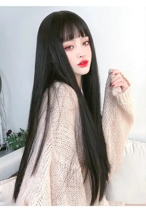 唐妮 假发女长发逼真自然头套网红空气刘海黑长直发气质修脸新式发套