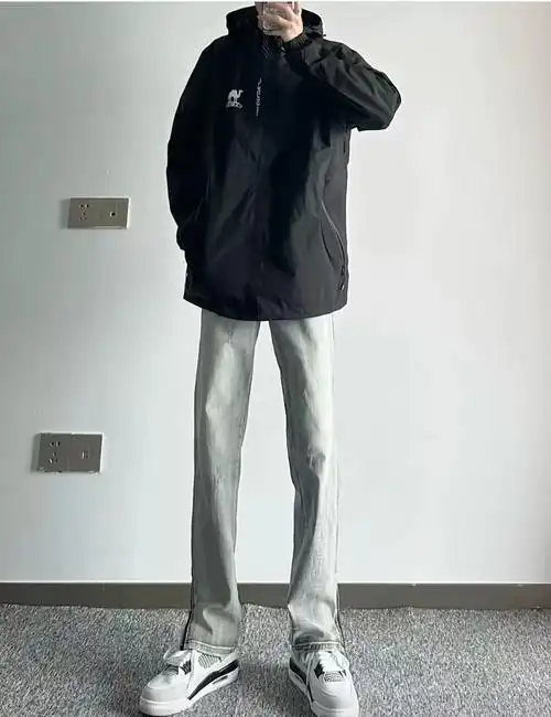 子网红美式男春秋水洗痞帅裤高街潮牌直筒长裤侧边拉链微喇牛仔裤