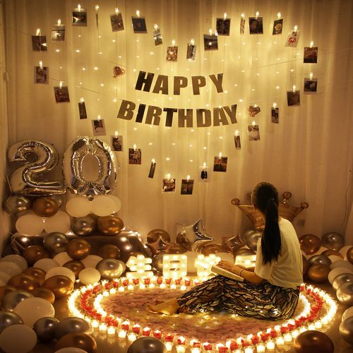 女孩生日派对房间惊喜布置装饰照片气球背景墙led爱心灯用品道具
