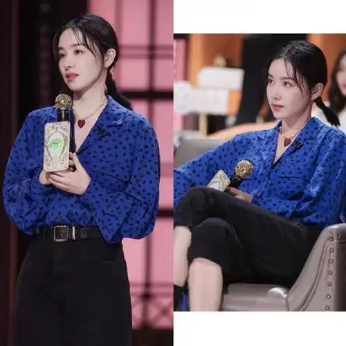 现货阚清子明星同款2021时尚新款蓝色波点衬衫港风灯笼袖印花上衣