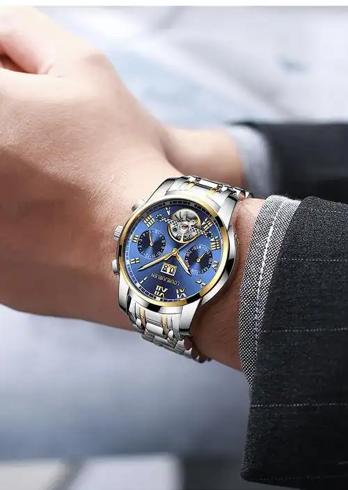 正品手表男士商务精钢带全自动机械表夜光双历时尚腕表防水男表瑞士