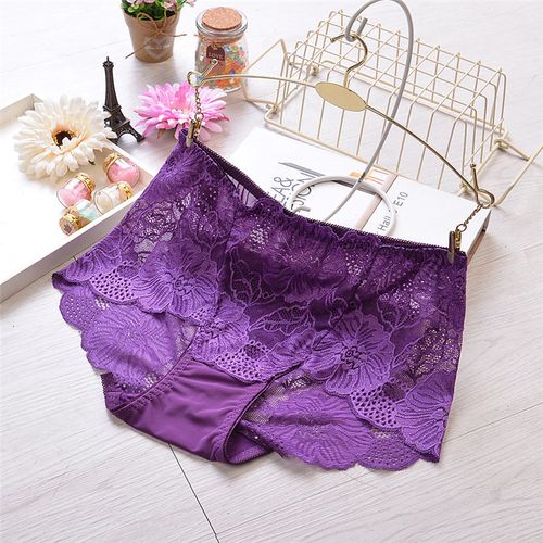 花花公子 4条装 性感全蕾丝玫瑰花边女士三角内裤加大码镂空胖mm短裤