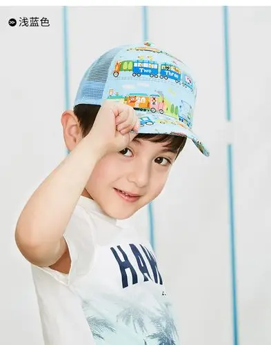 2019春夏3-6岁小孩遮阳棒球帽透气网男童鸭舌帽卡通图案全棉儿童凉帽