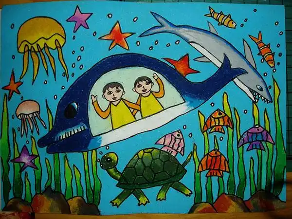 美丽的海洋馆-海底世界蜡笔画作品