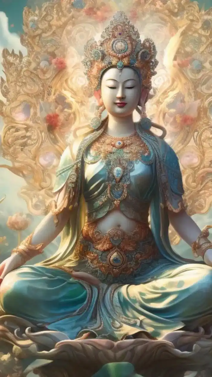 极乐世界花木繁,观音菩萨坐莲蓮.莲花池畔晶莹水,微风拂面悠悠 - 抖音