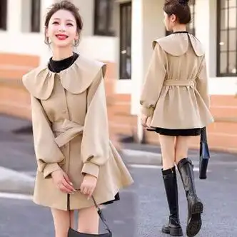 恒源祥风衣女款2023新款秋季今年流行小个子时尚高档娃娃领收腰外套