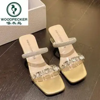 啄木鸟凉鞋女春秋季2024新款百搭粗跟水钻时尚一字带凉拖鞋外穿仙女风