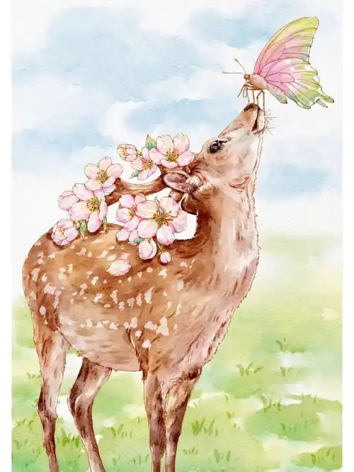 ipad水彩动物|梅花鹿与花