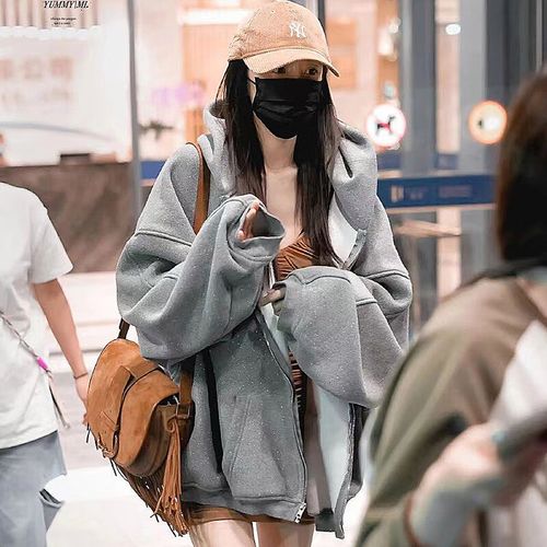 铭汇通杨幂同款外套2023大版细闪粉拉链卫衣亮晶晶印花上衣女杨幂外套