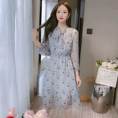 新款韩版连衣裙打底百搭显瘦洋气雪纺长袖碎花长款复古风2022春装