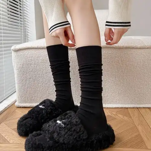 秋冬ins潮袜子棉质黑色堆堆袜及膝中长筒袜日系jk奶白色小腿袜女