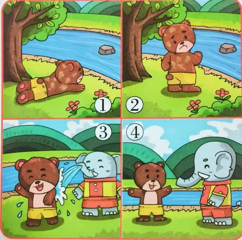 一年级看图写话《小熊洗澡》 早晨,艳阳高照,小熊来到清澈见底的小