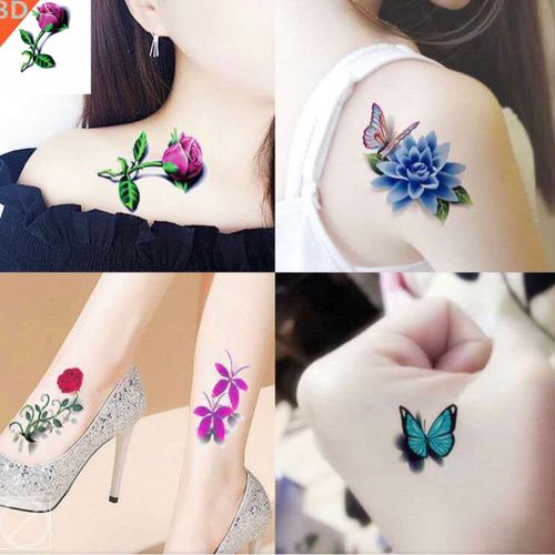 2021新款3d纹身贴男女蝴蝶玫瑰防水持久性感逼真遮疤疤个性贴胸部