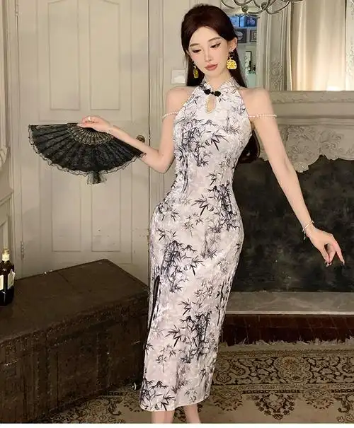 实拍现货 新款改良中国风显瘦气质中长款性感开叉旗袍连衣裙 - 17网