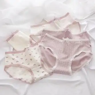 fqaq高中生内裤女可爱少女中腰胖mm大码初中学生日系夏季薄款5条爱心