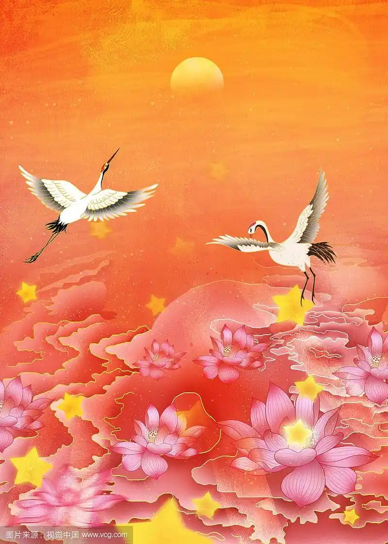 莲花池上的两只飞鹤