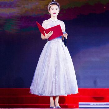 初中生小学生小主持人礼服演出服主持人女大学生合唱长裙灰蓝色长款s