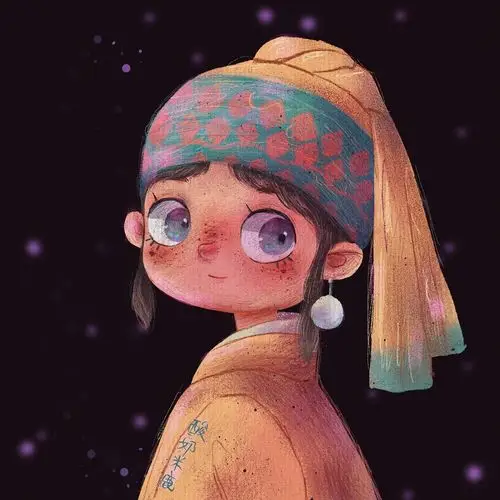 戴珍珠耳环的少女插画