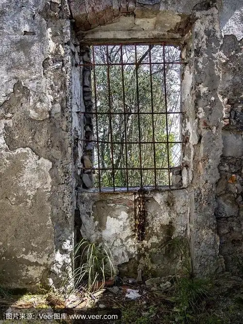 破旧的铁栏窗,外面是美丽的大自然.也许是旧牢房,现在被毁了.