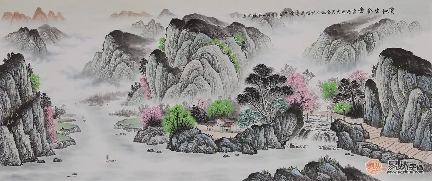 山水画|客厅壁画 家里必不可少的装饰 一幅清雅高洁的山水画