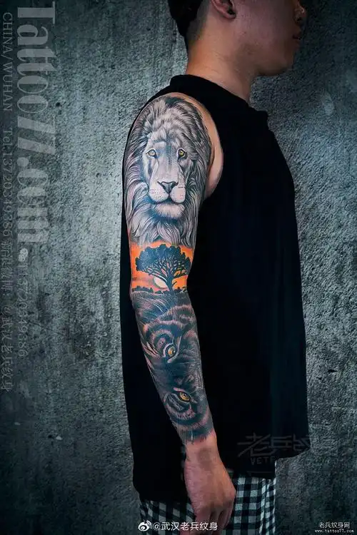 兵哥色彩花臂狮子眼睛纹身作品
