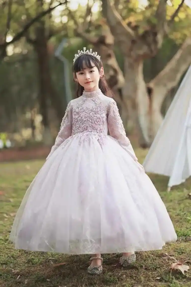粉色儿童生日礼服裙,公主重工订珠高定系列蓬蓬纱裙,秋冬新款长 - 抖