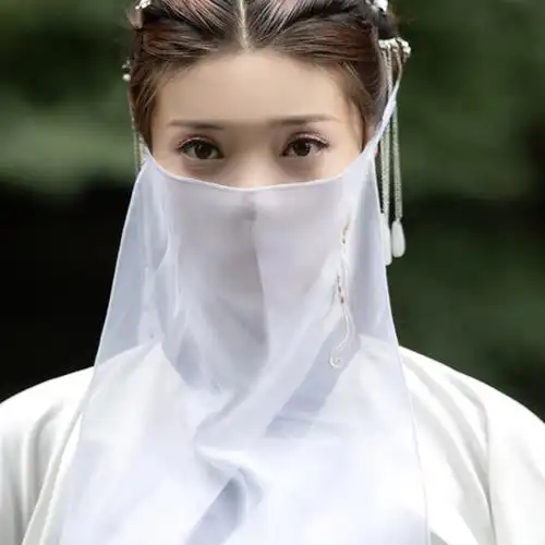 面纱古风新款荟汐同款绣花面纱古风面纱遮脸纱古代蒙面纱巾白色五角荟