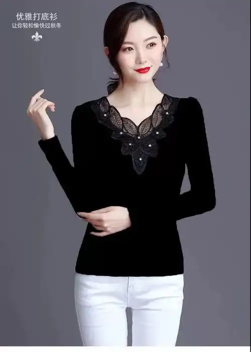 加绒加厚秋衣女2020年新款黑色网纱打底衫女蕾丝时尚显瘦气质上衣